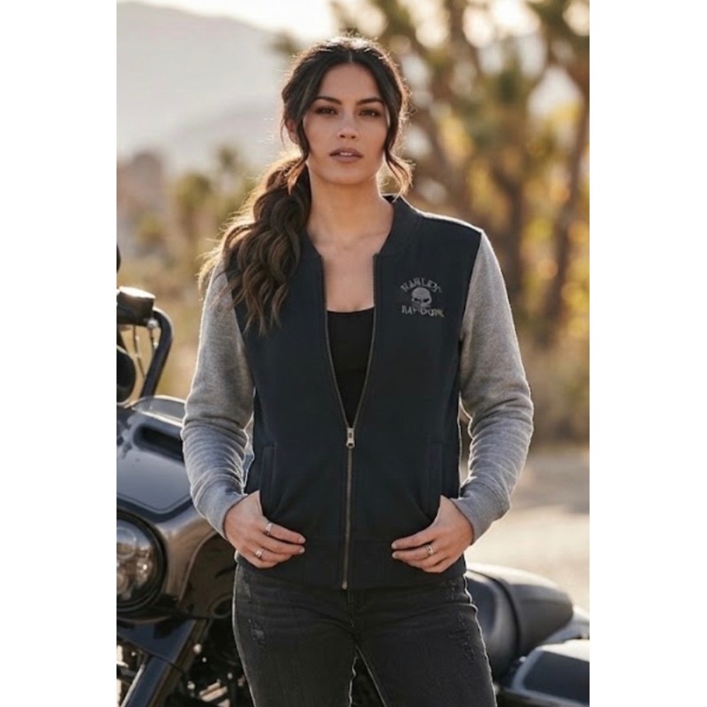 Harley Davidson Rhinestone Skull Bomber Jacket Zip Hoodie Sweatshirt Womens S